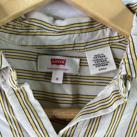 LEVI'S Tan Yellow Vertical Striped Button Up 3/4 Sleeve Blouse Top Shirt Size S - Picture 9 of 12